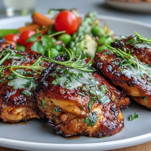 Healthy sheet pan chicken with asparagus, cherry tomatoes, and snap peas, drizzled with lemon-herb marinade.  