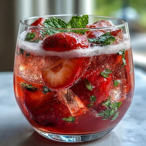 Refreshing strawberry lemon sparkling mocktail with vibrant red fruit and citrus garnish in tall glasses.