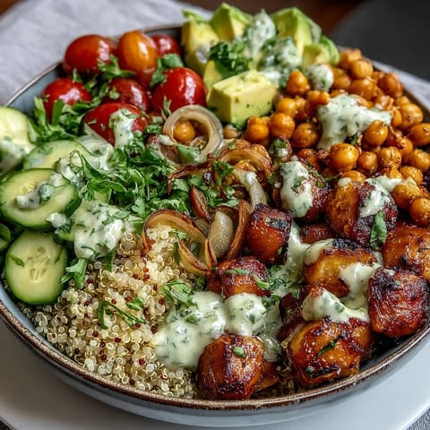 Vibrant lemon vinaigrette grain bowls with roasted chickpeas, fresh vegetables, and creamy avocado slices.