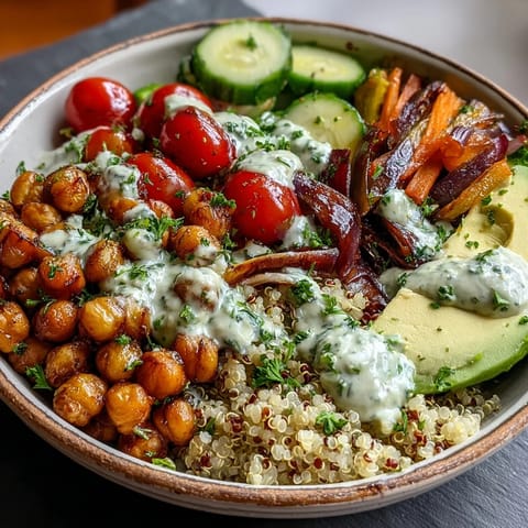 Fresh Mediterranean-inspired grain bowls topped with crispy roasted chickpeas and zesty lemon dressing.
