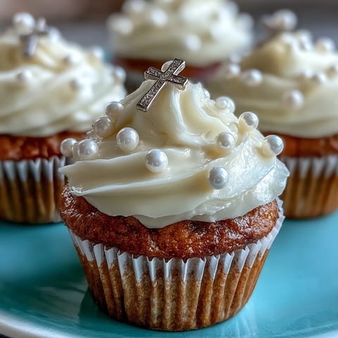 Beautiful mini vanilla cupcakes with smooth buttercream and fondant rosary toppers, perfect for a meaningful First Communion celebration.
