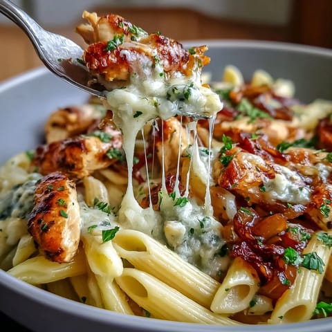 One-pot French onion chicken pasta with caramelized onions and melty Gruyère cheese, served steaming hot in a skillet.