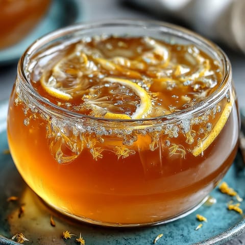 Dandelion jelly with fresh lemon and honey in a glass jar, showcasing its bright golden color and delicate floral aroma.