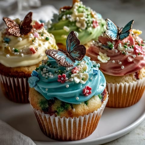 Delicate vanilla cupcakes topped with pastel butterfly buttercream swirls and edible butterfly toppers for a charming spring treat.