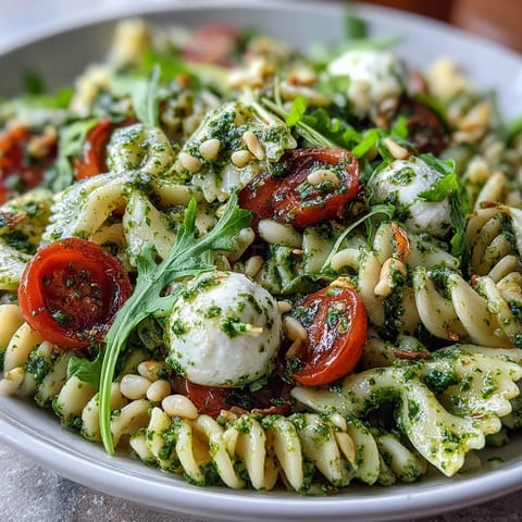 Vibrant pasta salad featuring fresh basil pesto, juicy cherry tomatoes, and creamy mozzarella for a perfect summer dish.