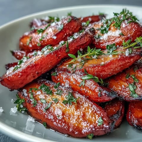 Honey Glazed Roasted Carrots with Thyme, caramelized to perfection and garnished with fresh thyme sprigs for a vibrant, flavorful side dish.
