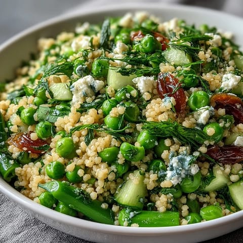 A vibrant spring pea and mint couscous salad with fresh herbs and crisp vegetables.  