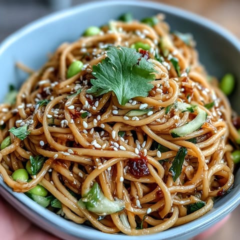 Sesame Ginger Noodle Bowl with crunchy cabbage, vibrant carrots, and a zesty ginger dressing, perfect for a refreshing vegetarian meal.  