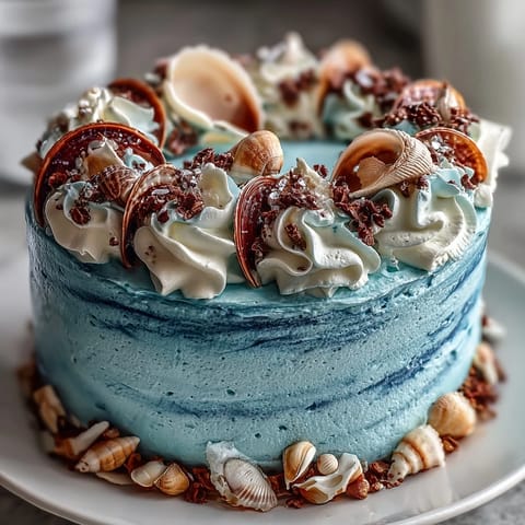 Moist vanilla Cancer cake frosted with dreamy blue buttercream and ocean treasures.
