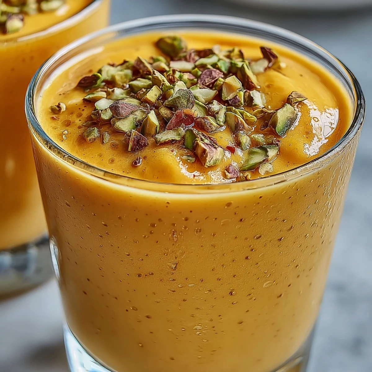 Vibrant mango lassi smoothie, a cool, sweet, and spiced yogurt drink perfect for hot days.