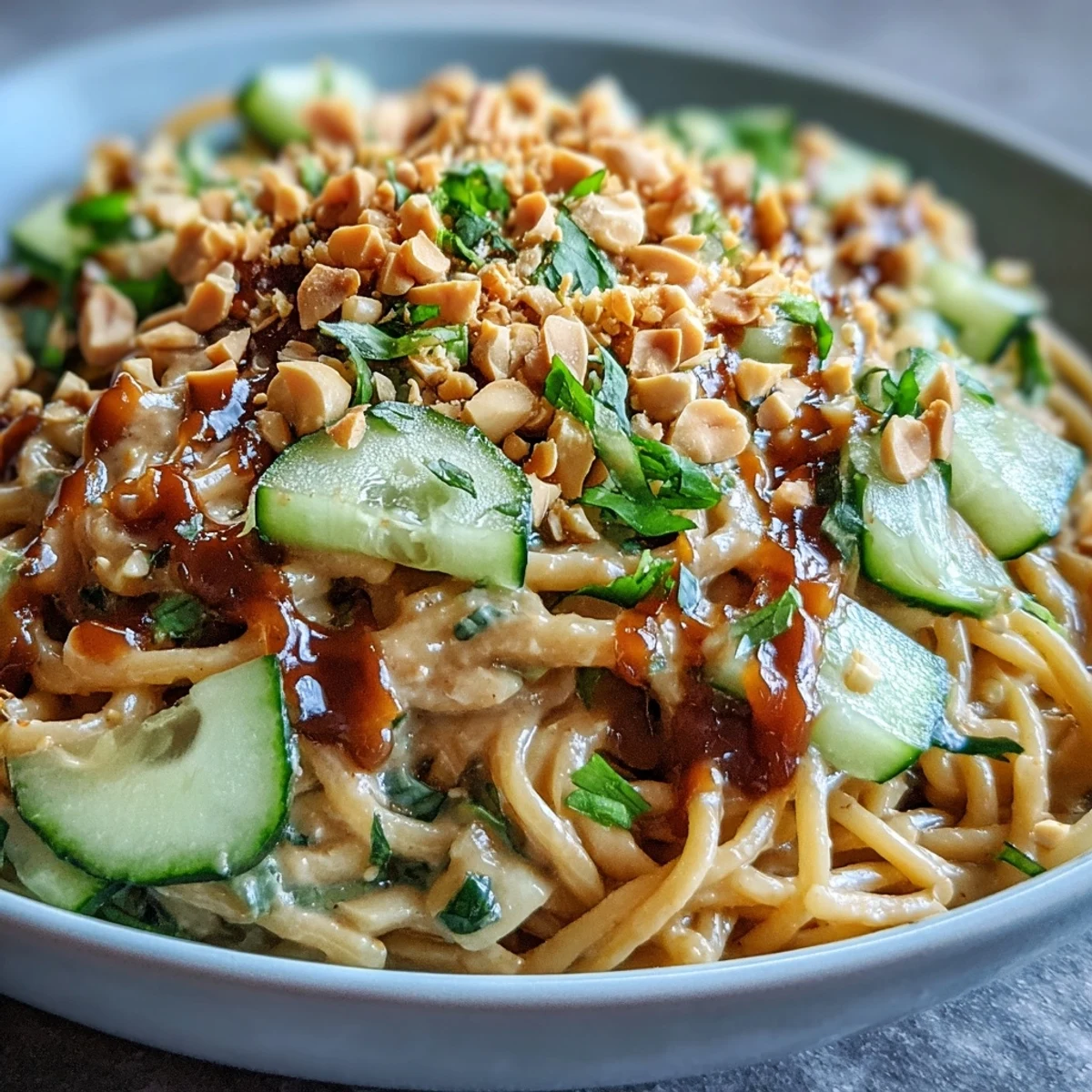 Vibrant Cold Peanut Sesame Noodles topped with crisp cucumber and crunchy peanuts.