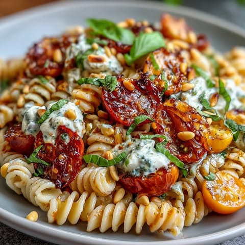 Summer Caprese Pasta with Burrata, bursting with fresh basil and creamy goodness.