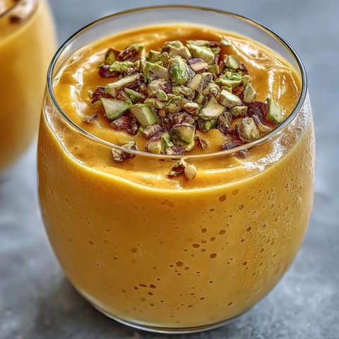 Creamy mango lassi smoothie with fragrant cardamom, perfectly blended for refreshment.
