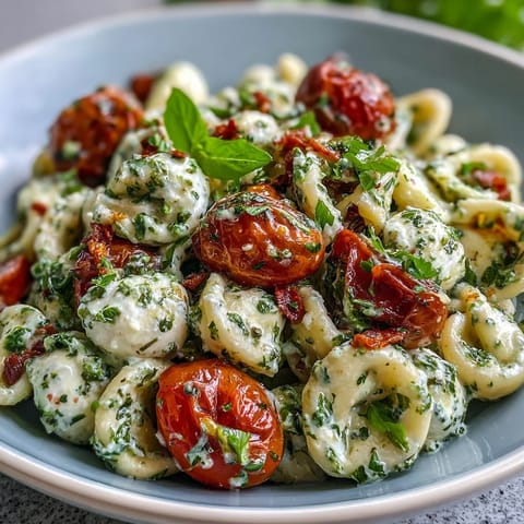 Vibrant Caprese Pasta Salad with basil pesto and juicy tomatoes.