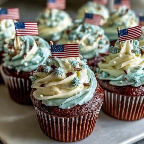 Showcasing festive Star-Spangled Banner Cupcakes, perfectly swirled with patriotic colors and flag toppers.