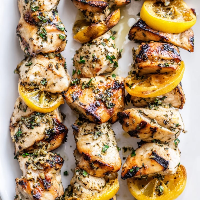 Golden Grilled Lemon Herb Chicken Skewers glistening with marinade, a quick, healthy Mediterranean meal.