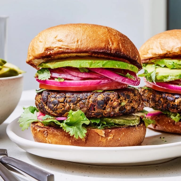 Hearty Chipotle Black Bean Veggie Burgers served on toasted buns for extra crunch.  