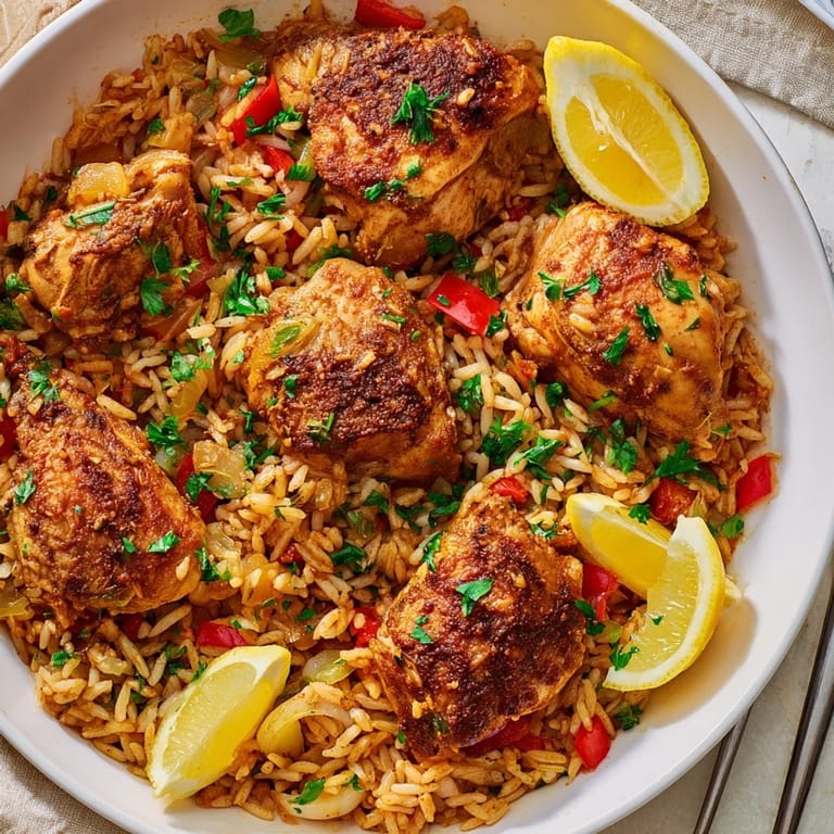 Colorful diced vegetables and juicy chicken combine in One-Pan Cajun Chicken and Rice.  