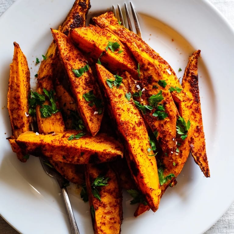 Golden brown sweet potato wedges, perfect side dish for any meal, fresh parsley garnish.  