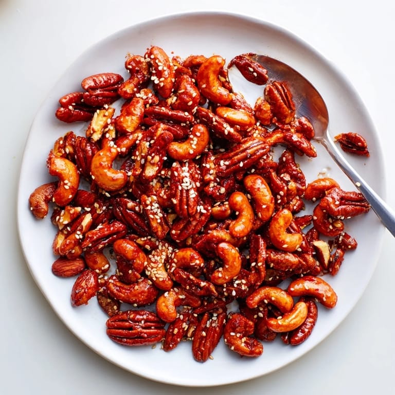A bowl of honey Sriracha glazed nuts, ideal for parties or casual gatherings, glistens enticingly.  
