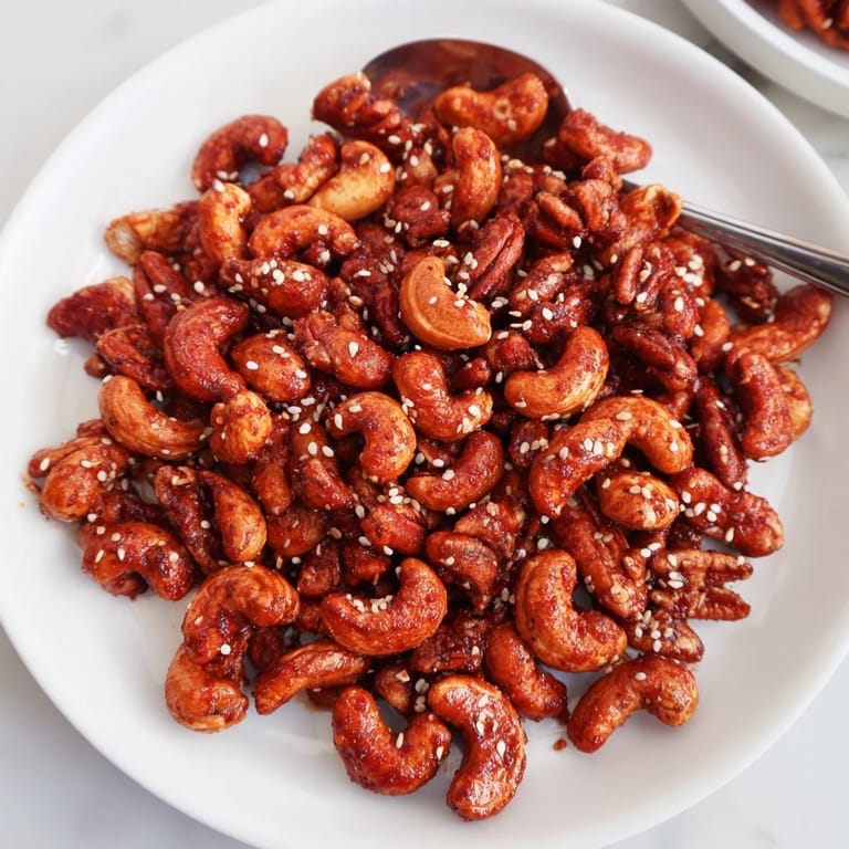 Savory roasted mixed nuts coated in a honey Sriracha glaze, a delightful and crunchy treat.