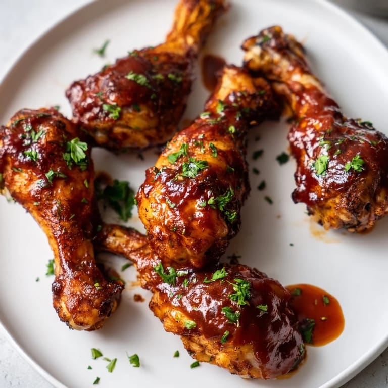 Golden-brown Smoky BBQ Chicken Drumsticks served hot, drizzled with savory BBQ sauce.  
