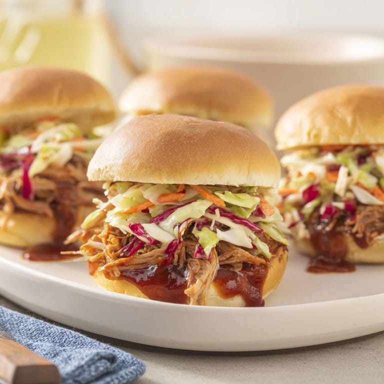 Savory pulled pork sliders draped in crunchy coleslaw, ideal for game day feasts.