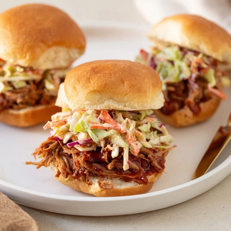 Delicious smoked pulled pork sliders served with zesty coleslaw for perfect gatherings.  