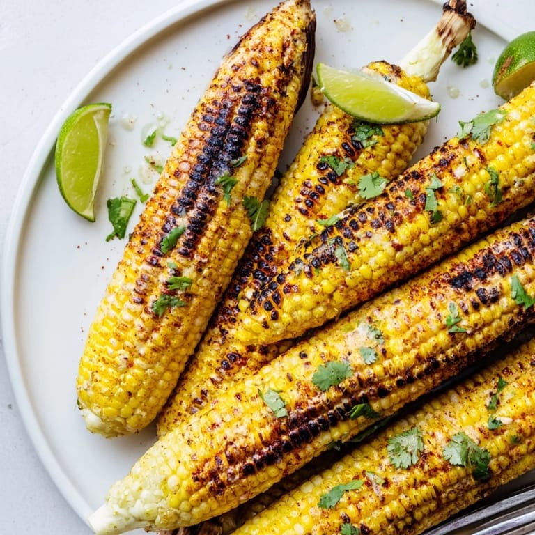Deliciously charred corn on the cob topped with zesty chili lime butter delight.  