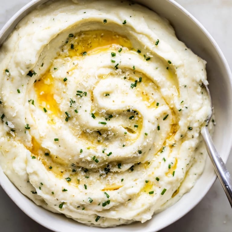 Velvety garlic mashed cauliflower, a light alternative to traditional mashed potatoes.
