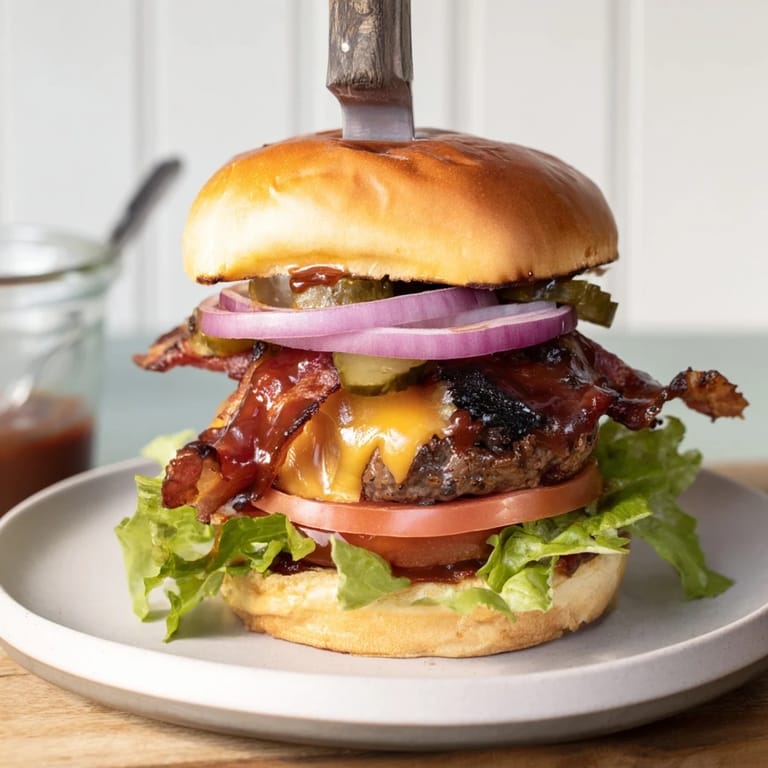 Mouthwatering BBQ Bacon Cheddar Burgers drizzled with tangy sauce and juicy beef.