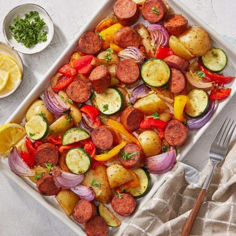 Savory sheet pan smoky sausage and veggies garnished with fresh parsley and lemon.