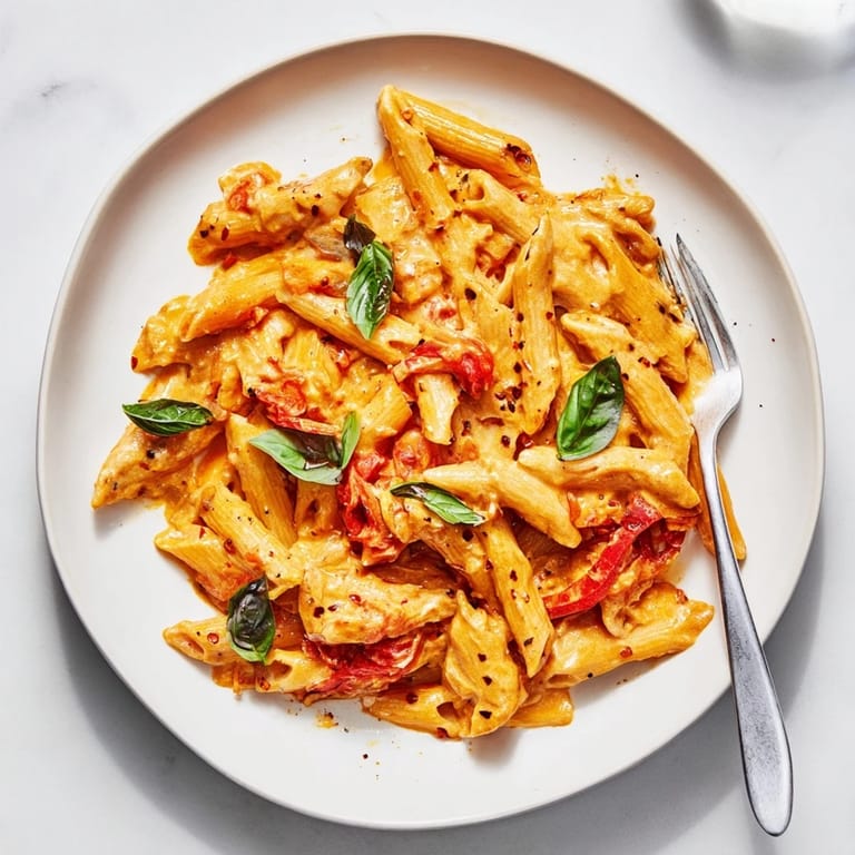 Delicious One-Pot Creamy Tomato Basil Pasta served with grated Parmesan and herbs.  