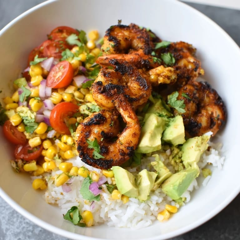 Vibrant image of Easy Grilled Shrimp Bowl with creamy avocado salsa, perfect for a light, delicious summer meal.