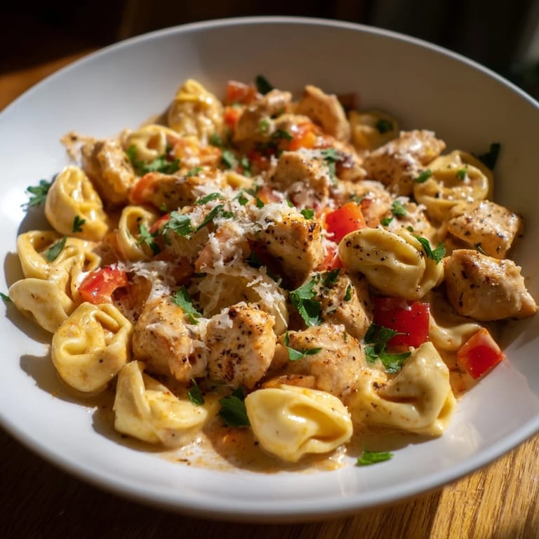 Close-up of golden Zesty Cajun Garlic Parmesan Chicken Tortellini with visible pieces of chicken and pasta.