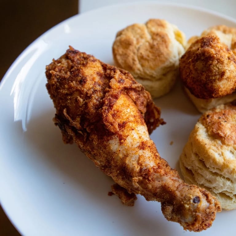 Homemade Southern Fried Chicken with Buttermilk Biscuits served on a plate, offering classic flavors.