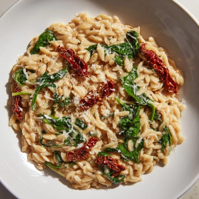 This vegetarian Creamy Tuscan Orzo Bowl features a creamy sauce and is perfect for dinner tonight.
