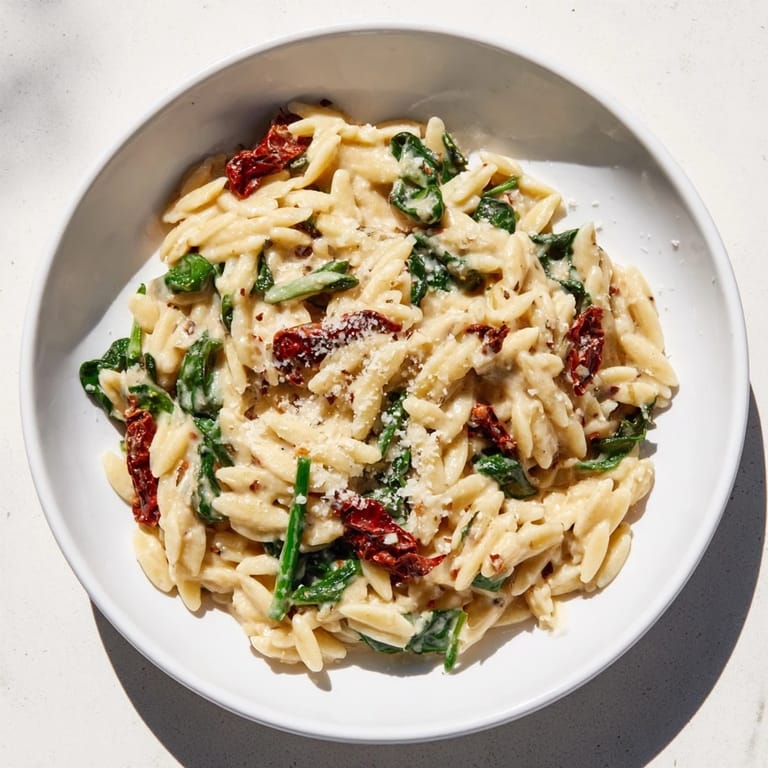 Enjoy a comforting Creamy Tuscan Orzo Bowl, ready in 30 minutes, full of Italian flavors.