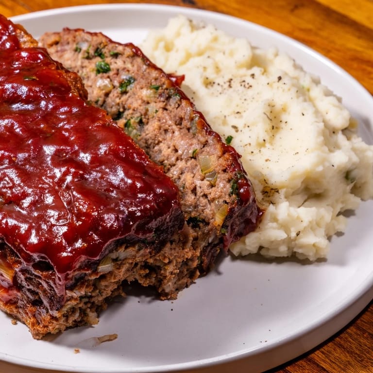 This photo features a juicy, glazed classic meatloaf alongside a generous portion of fluffy mashed potatoes.