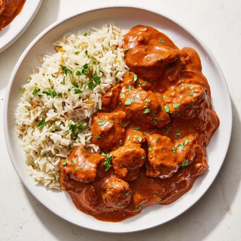A steaming bowl of Butter Chicken next to fluffy rice pilaf, perfect for a cozy dinner at home.