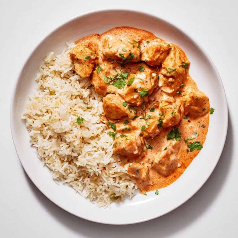 Homemade Butter Chicken, with a vibrant red sauce and rice pilaf, promising a delightful aromatic meal.