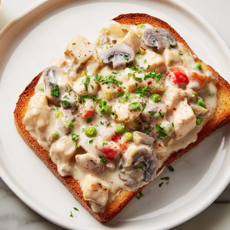 Sizzling plate of chicken à la king, featuring tender chicken, veggies, and a rich sauce, ready to serve.