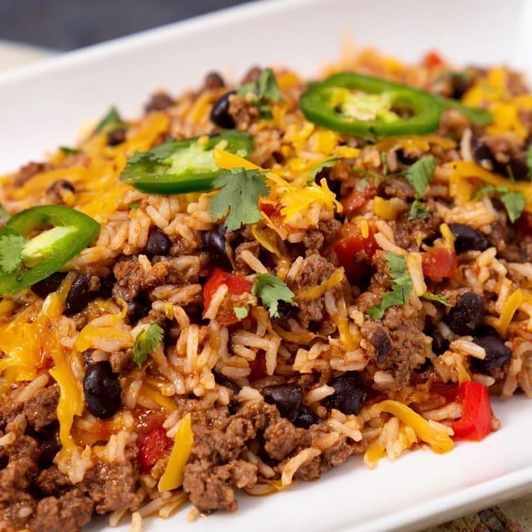 A close-up of a Tex-Mex Beef & Rice Casserole bubbling in a casserole dish, fresh from oven.