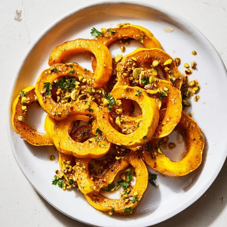 Close-up of sweet and savory Baked Delicata Squash Rings, showcasing the tender squash and toppings.