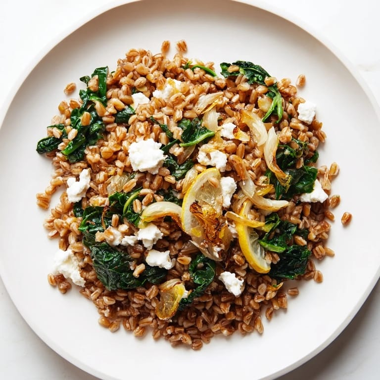 Delicious Warm Farro & Greens Pilaf: imagine the aroma of savory greens and the delightful toasty almond topping.