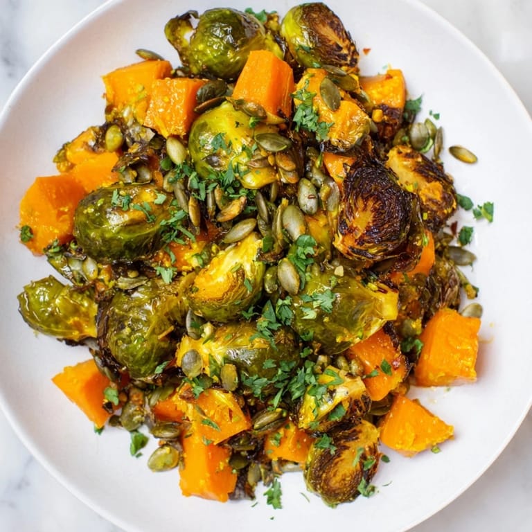 Oven-roasted Brussels sprouts and butternut squash with a zesty orange dressing, ready for serving this vegetarian meal.