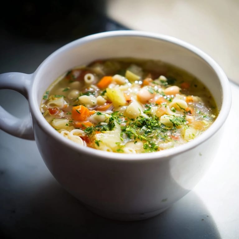 A comforting close-up of Pasta e Fagioli, showing the richness of the tomato broth and tender vegetables.