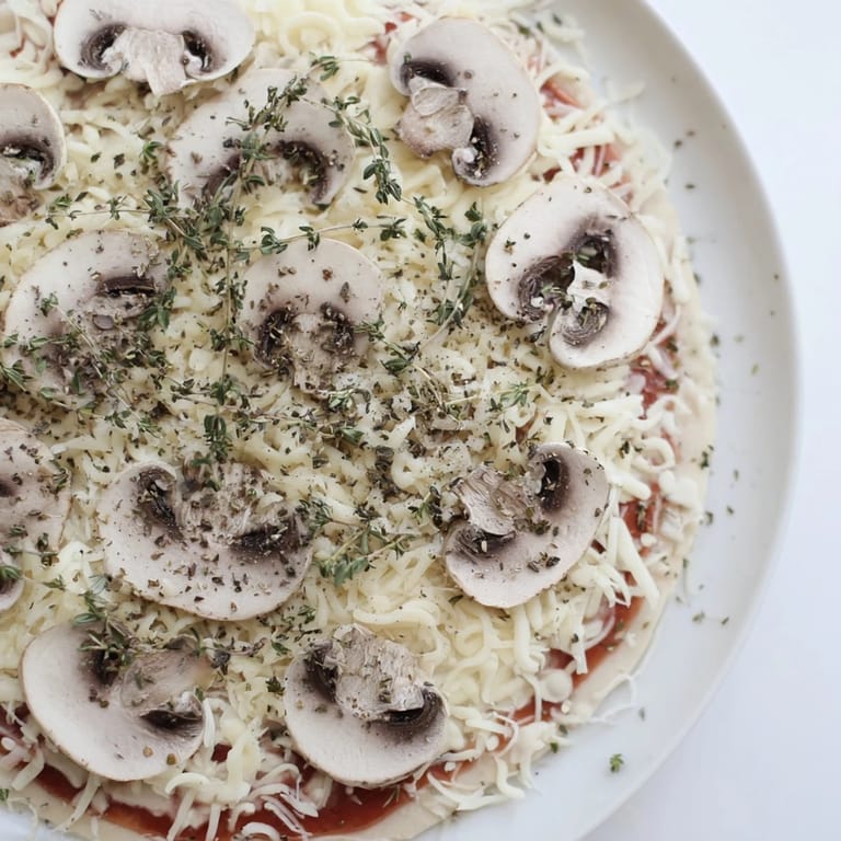 Savory upgraded frozen pizza brimming with mushrooms and herbs, baked to a perfect golden brown, ready for dinner.