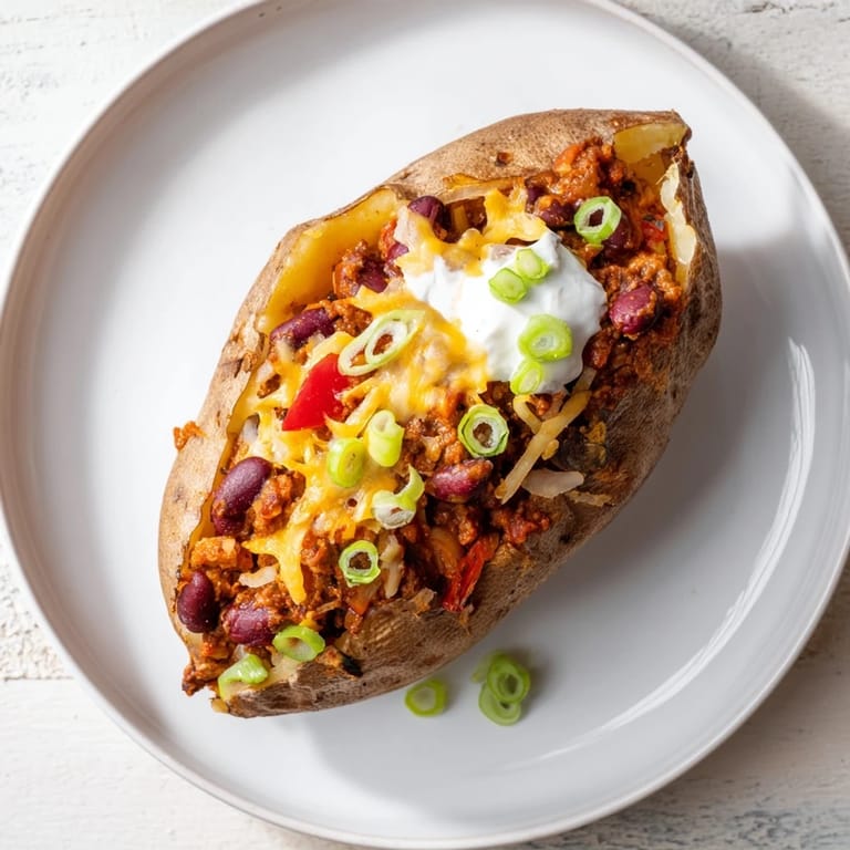 A close-up of Chili-Style Baked Potatoes: fluffy baked potatoes drenched in rich chili, ready to eat.