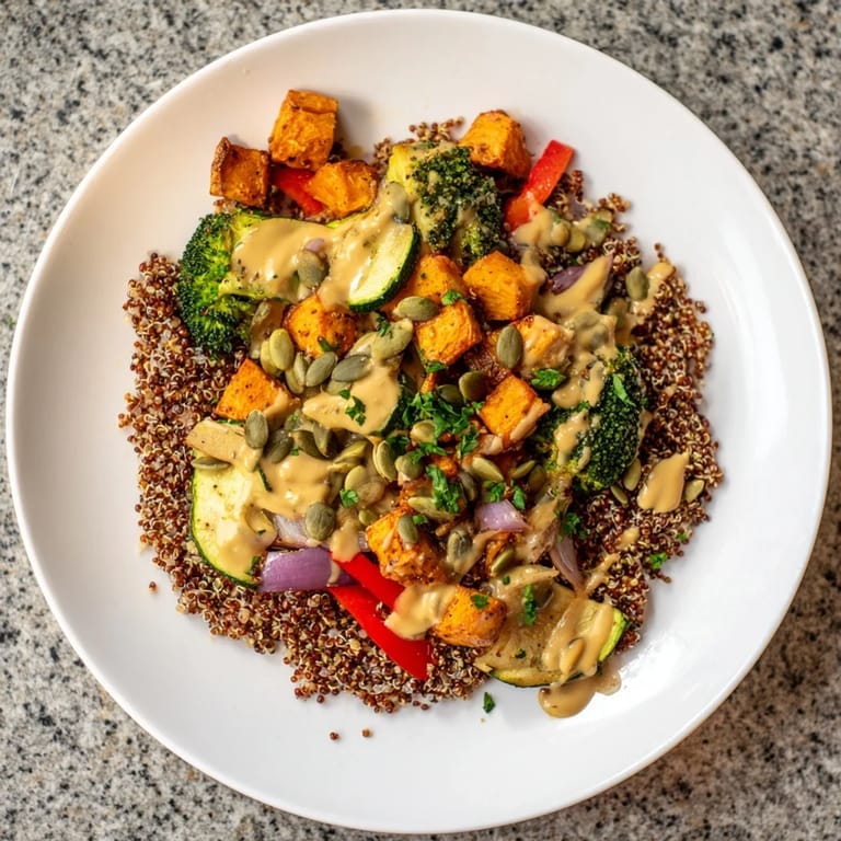 Delectable vegetarian quinoa bowl overflowing with roasted vegetables, perfect for a flavorful lunch.